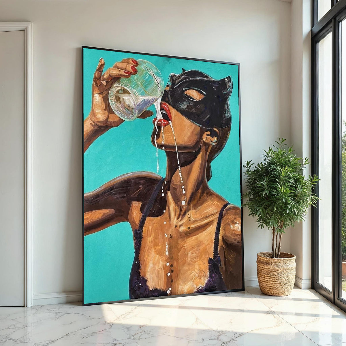 Masked Woman Drinking, Sensual Canvas Art, Bold Wall Art Canvas Design, Vibrant Female Portrait, Ready To Hang Home Decor