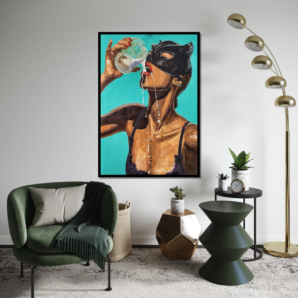 Masked Woman Drinking, Sensual Canvas Art, Bold Wall Art Canvas Design, Vibrant Female Portrait, Ready To Hang Home Decor