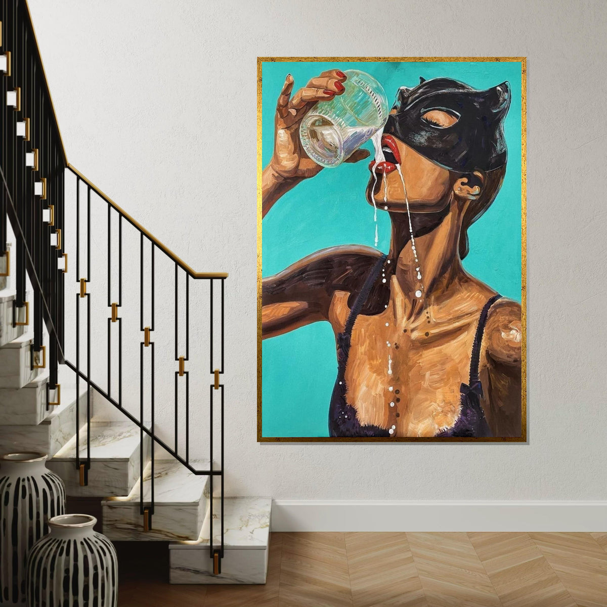 Masked Woman Drinking, Sensual Canvas Art, Bold Wall Art Canvas Design, Vibrant Female Portrait, Ready To Hang Home Decor