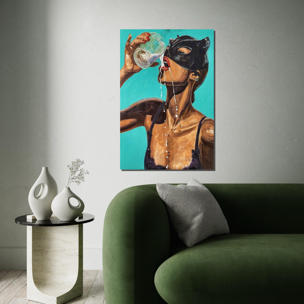 Masked Woman Drinking, Sensual Canvas Art, Bold Wall Art Canvas Design, Vibrant Female Portrait, Ready To Hang Home Decor