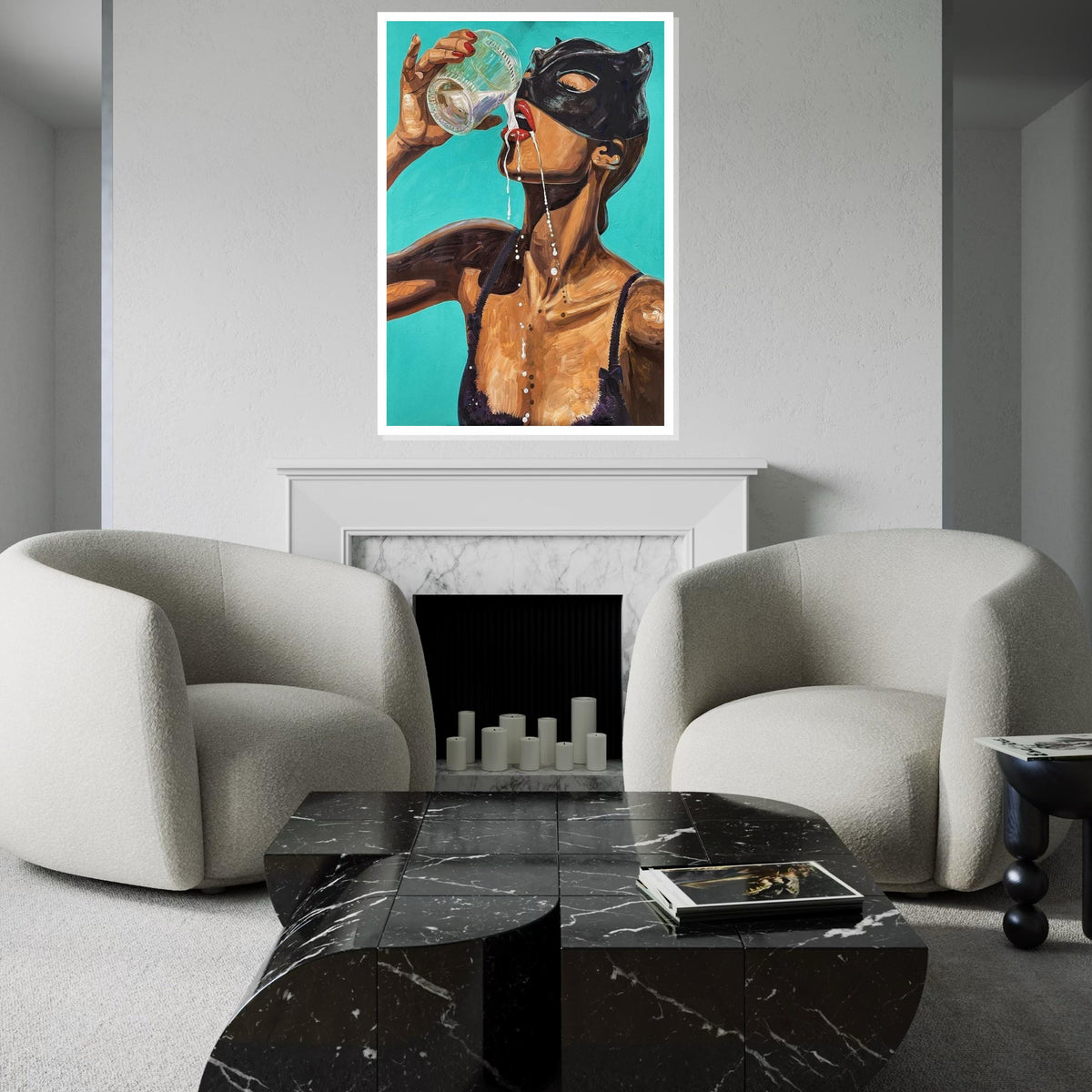 Masked Woman Drinking, Sensual Canvas Art, Bold Wall Art Canvas Design, Vibrant Female Portrait, Ready To Hang Home Decor