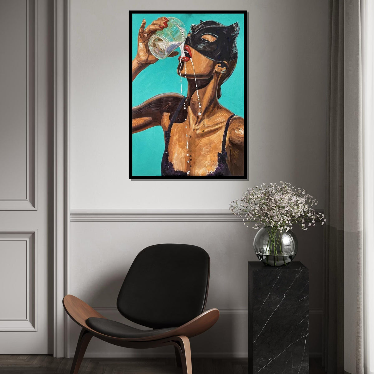 Masked Woman Drinking, Sensual Canvas Art, Bold Wall Art Canvas Design, Vibrant Female Portrait, Ready To Hang Home Decor