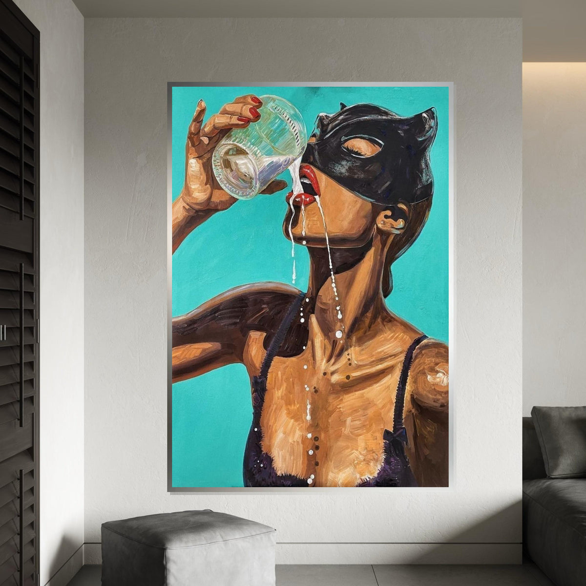 Masked Woman Drinking, Sensual Canvas Art, Bold Wall Art Canvas Design, Vibrant Female Portrait, Ready To Hang Home Decor