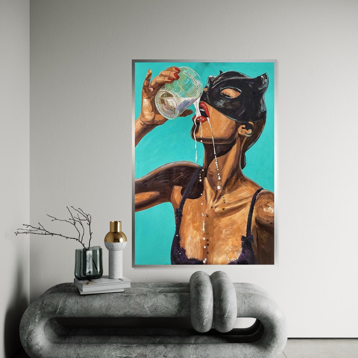 Masked Woman Drinking, Sensual Canvas Art, Bold Wall Art Canvas Design, Vibrant Female Portrait, Ready To Hang Home Decor