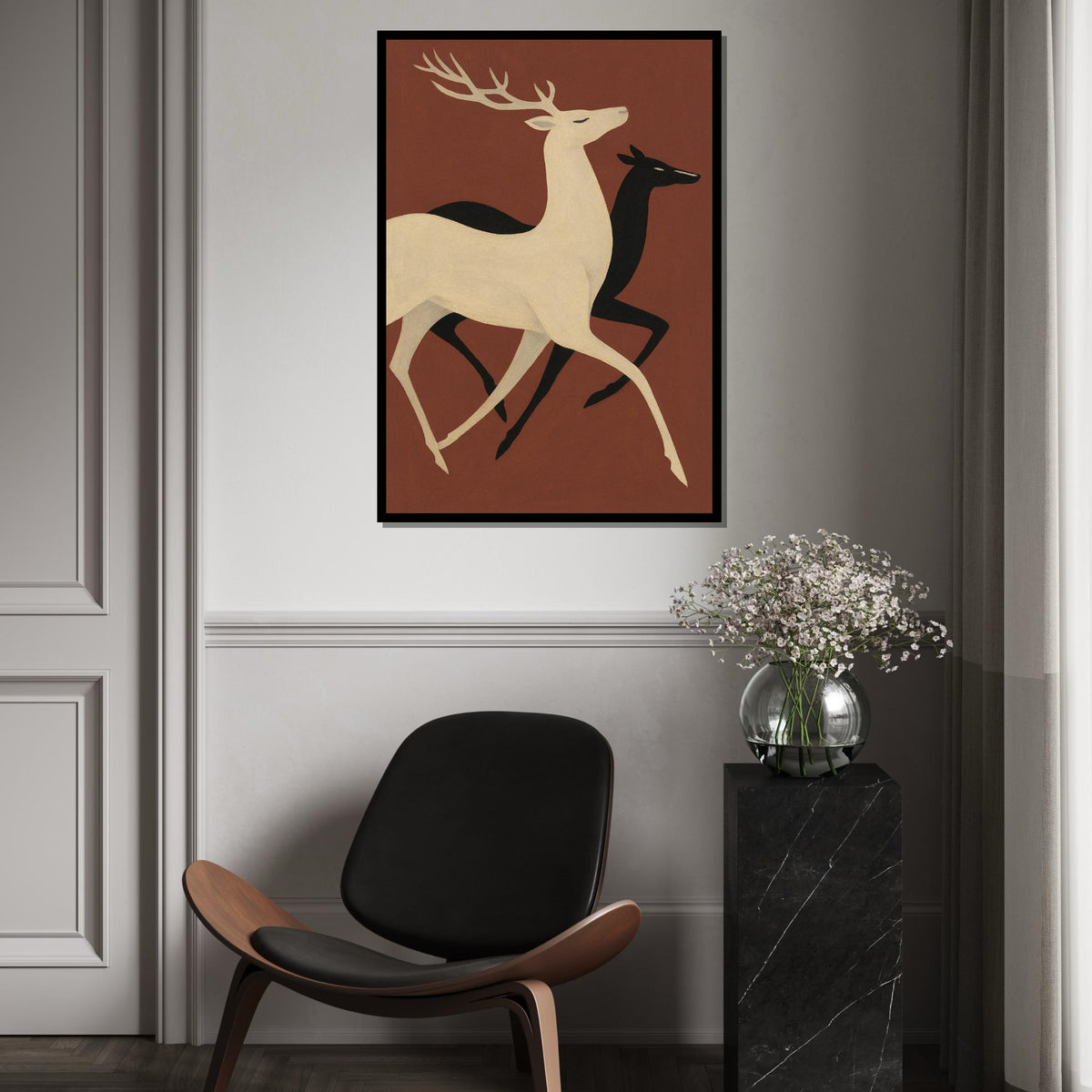 Elegant Deer Duo Canvas, Abstract Stag Wall Art, Animal Silhouette Print, Wall Art Canvas Design, Ready to Hang Decoration