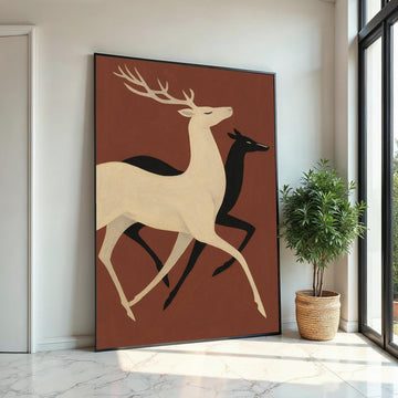Elegant Deer Duo Canvas, Abstract Stag Wall Art, Animal Silhouette Print, Wall Art Canvas Design, Ready to Hang Decoration
