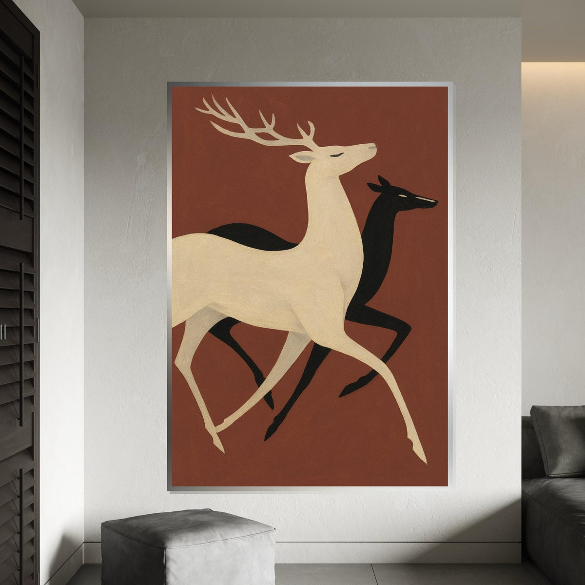 Elegant Deer Duo Canvas, Abstract Stag Wall Art, Animal Silhouette Print, Wall Art Canvas Design, Ready to Hang Decoration