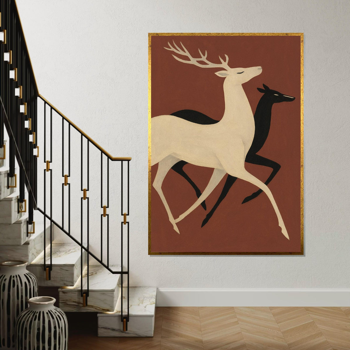 Elegant Deer Duo Canvas, Abstract Stag Wall Art, Animal Silhouette Print, Wall Art Canvas Design, Ready to Hang Decoration