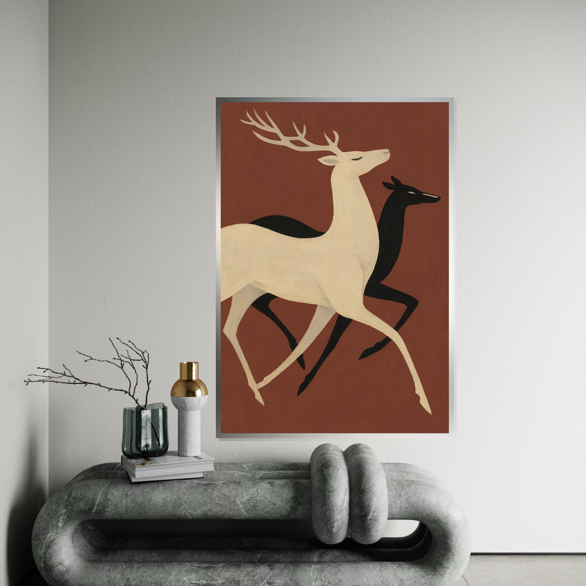 Elegant Deer Duo Canvas, Abstract Stag Wall Art, Animal Silhouette Print, Wall Art Canvas Design, Ready to Hang Decoration