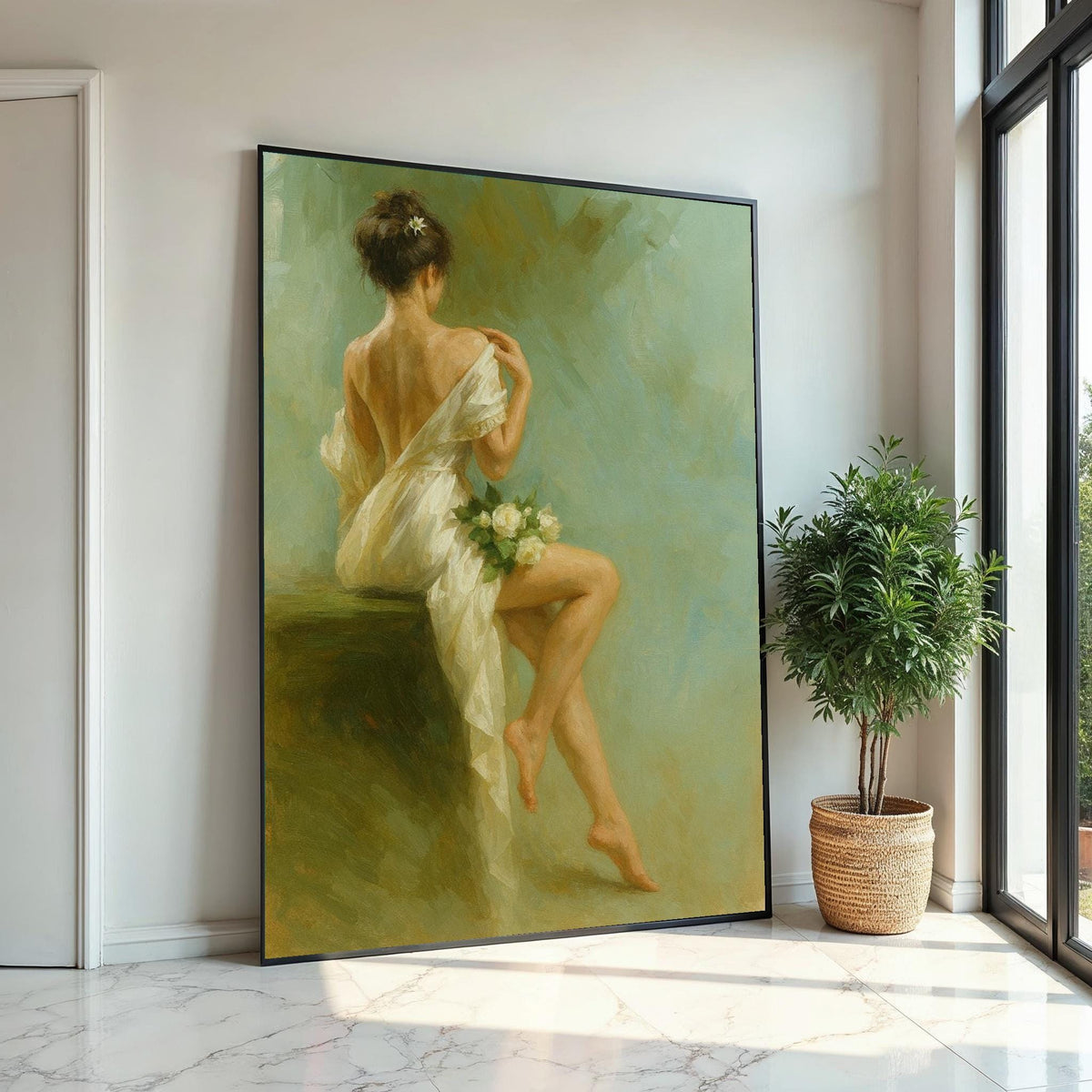 Elegant Woman Canvas, Back View Art Print, Romantic Wall Art, Floral Decor, Wall Art Canvas Design, Ready to Hang Decoration