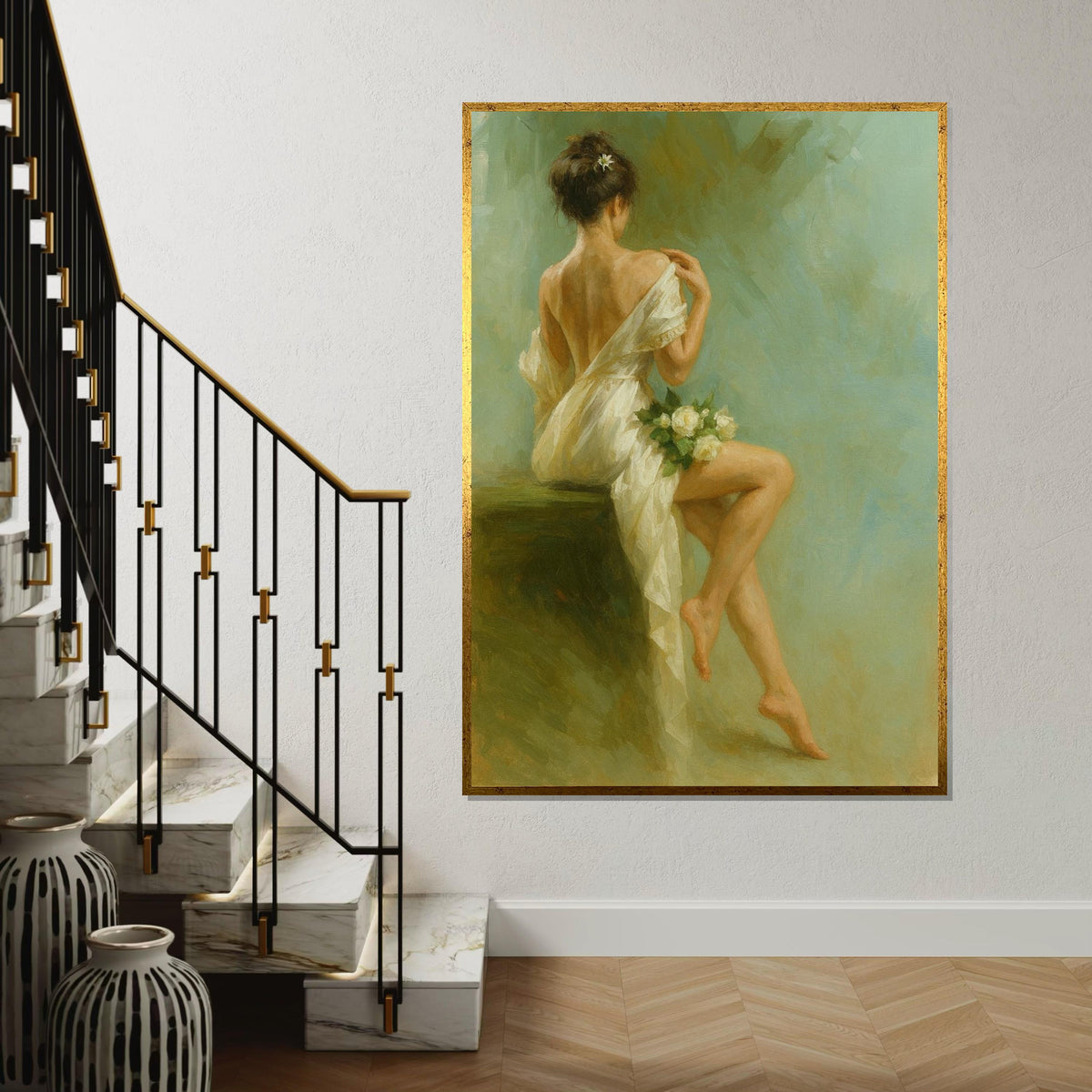 Elegant Woman Canvas, Back View Art Print, Romantic Wall Art, Floral Decor, Wall Art Canvas Design, Ready to Hang Decoration