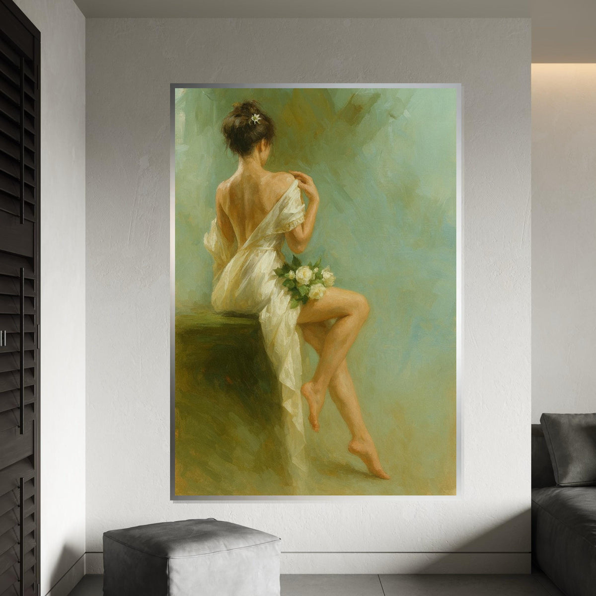 Elegant Woman Canvas, Back View Art Print, Romantic Wall Art, Floral Decor, Wall Art Canvas Design, Ready to Hang Decoration