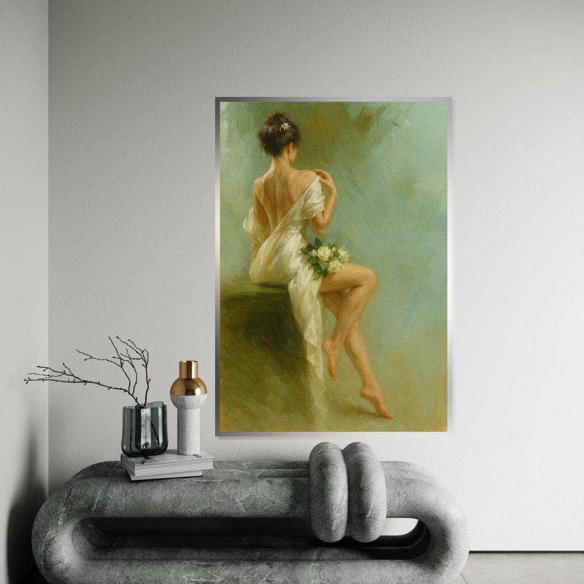 Elegant Woman Canvas, Back View Art Print, Romantic Wall Art, Floral Decor, Wall Art Canvas Design, Ready to Hang Decoration