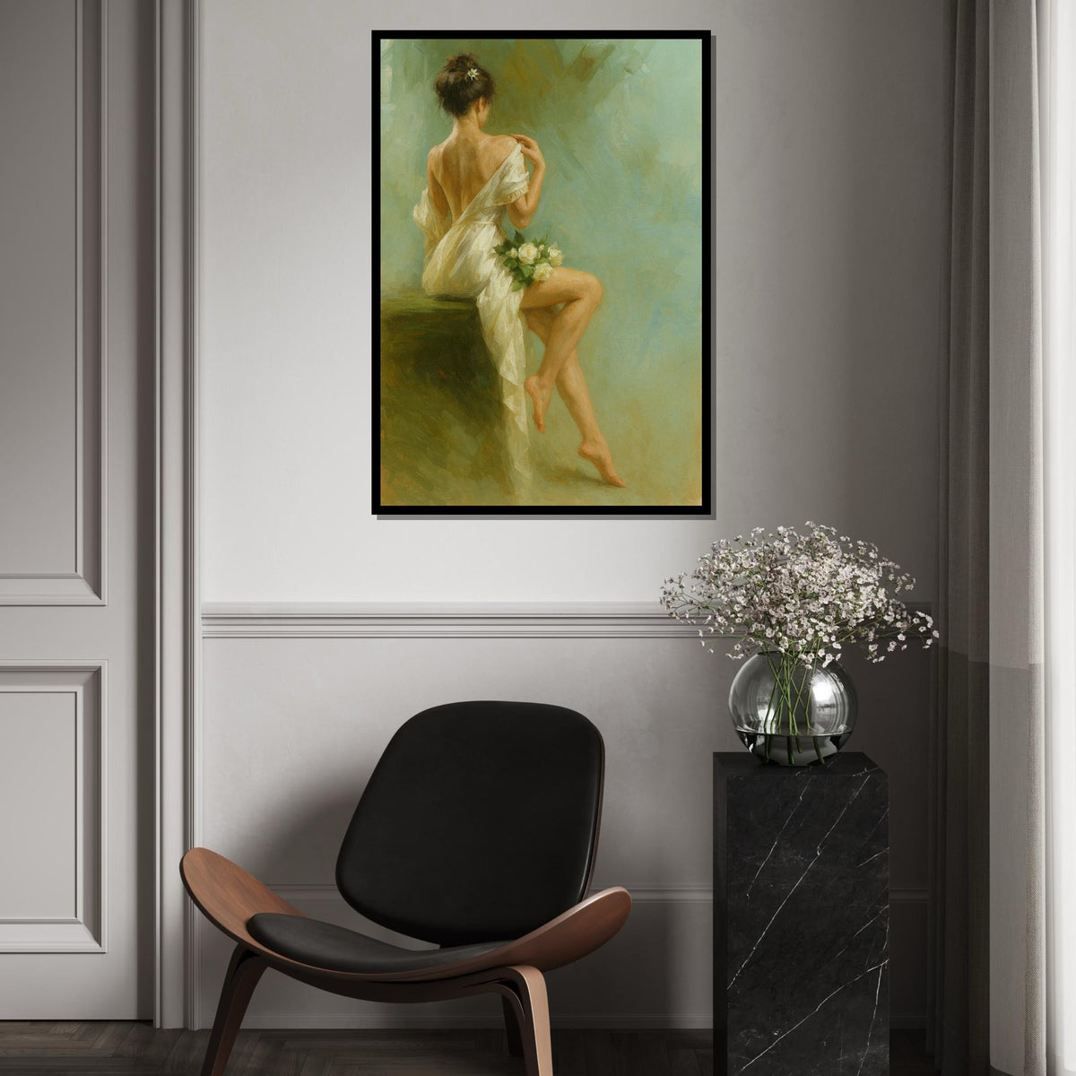 Elegant Woman Canvas, Back View Art Print, Romantic Wall Art, Floral Decor, Wall Art Canvas Design, Ready to Hang Decoration