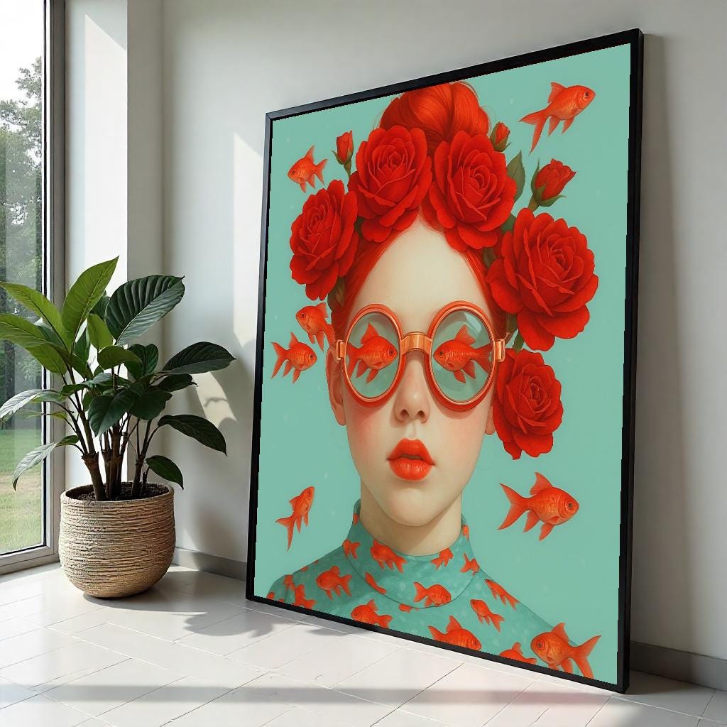 Red Rose Glasses Canvas, Surreal Fish Art, Goldfish Print, Wall Art Canvas Design, Ready To Hang Decoration, Whimsical Redhead Poster