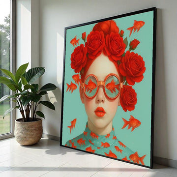 Red Rose Glasses Canvas, Surreal Fish Art, Goldfish Print, Wall Art Canvas Design, Ready To Hang Decoration, Whimsical Redhead Poster