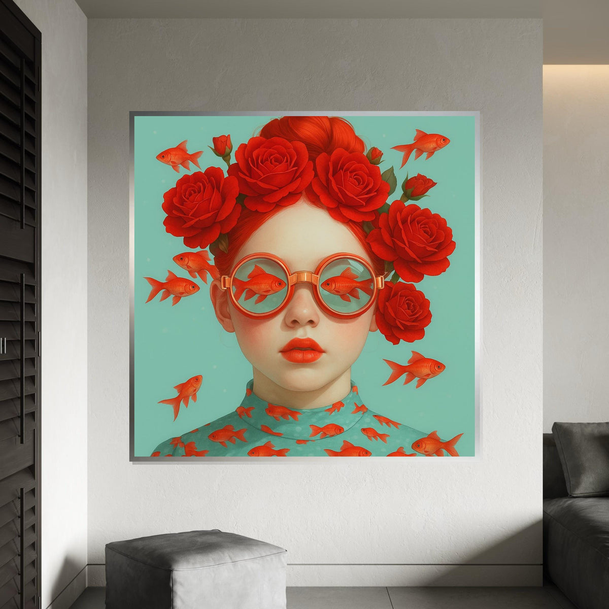 Red Rose Glasses Canvas, Surreal Fish Art, Goldfish Print, Wall Art Canvas Design, Ready To Hang Decoration, Whimsical Redhead Poster