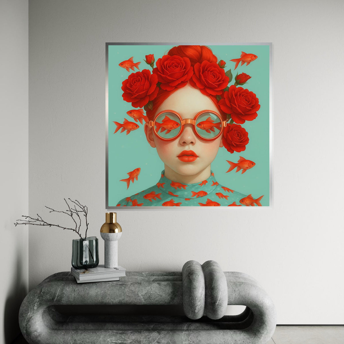 Red Rose Glasses Canvas, Surreal Fish Art, Goldfish Print, Wall Art Canvas Design, Ready To Hang Decoration, Whimsical Redhead Poster