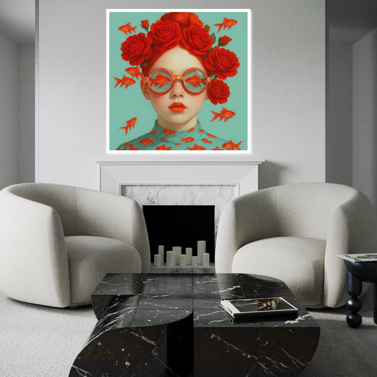 Red Rose Glasses Canvas, Surreal Fish Art, Goldfish Print, Wall Art Canvas Design, Ready To Hang Decoration, Whimsical Redhead Poster