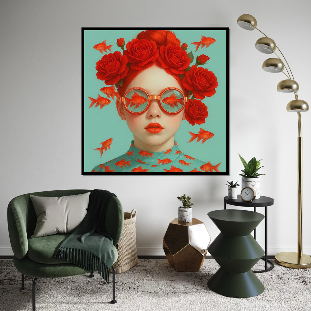 Red Rose Glasses Canvas, Surreal Fish Art, Goldfish Print, Wall Art Canvas Design, Ready To Hang Decoration, Whimsical Redhead Poster
