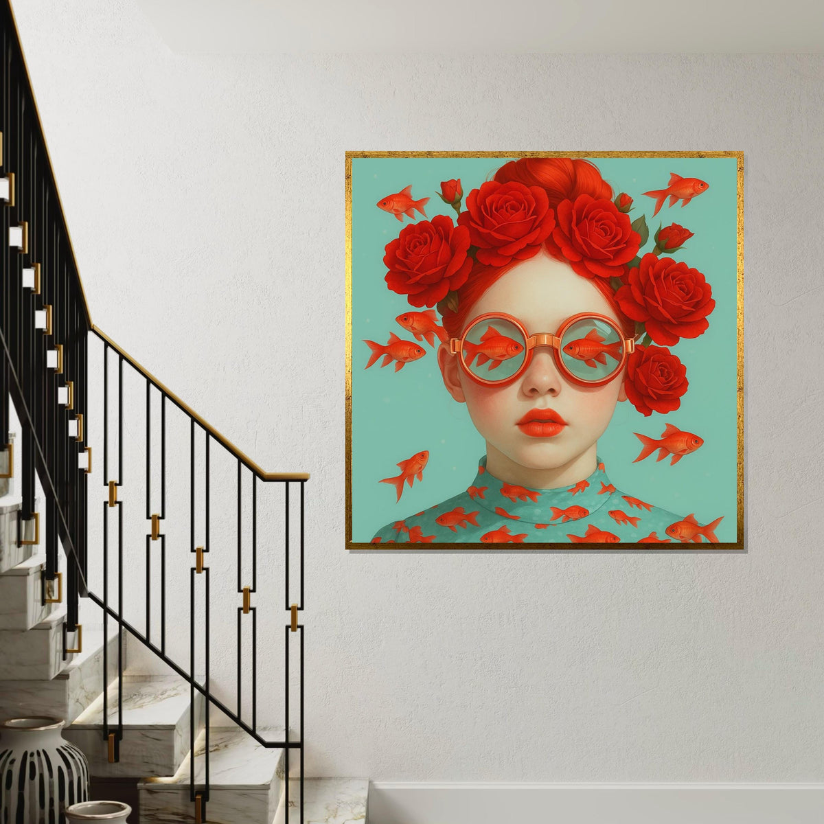 Red Rose Glasses Canvas, Surreal Fish Art, Goldfish Print, Wall Art Canvas Design, Ready To Hang Decoration, Whimsical Redhead Poster