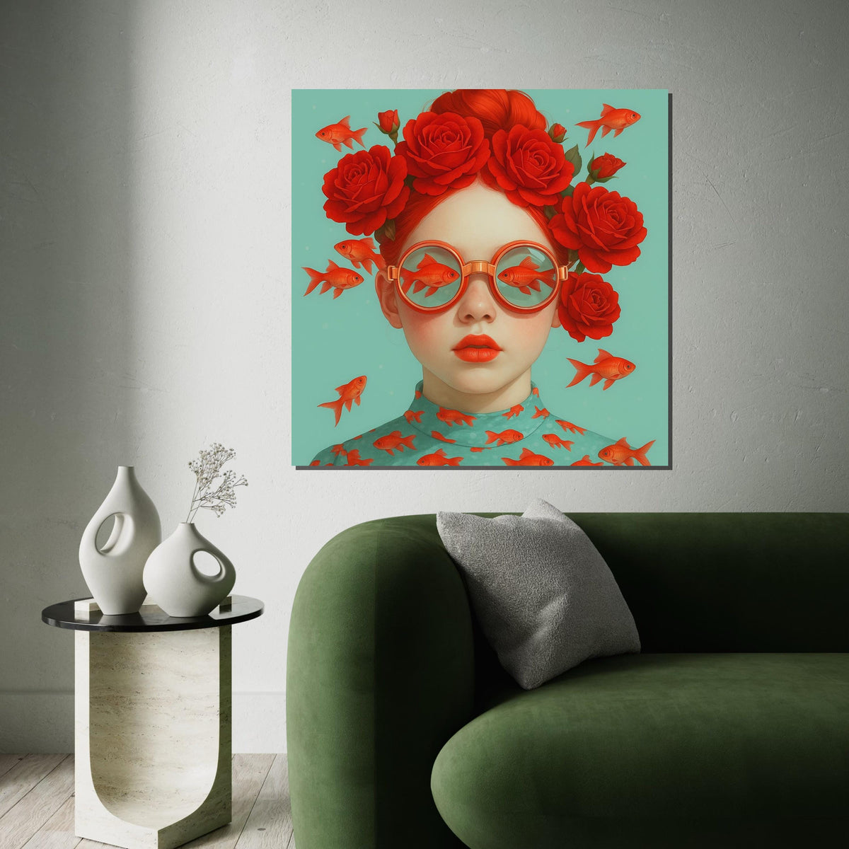 Red Rose Glasses Canvas, Surreal Fish Art, Goldfish Print, Wall Art Canvas Design, Ready To Hang Decoration, Whimsical Redhead Poster