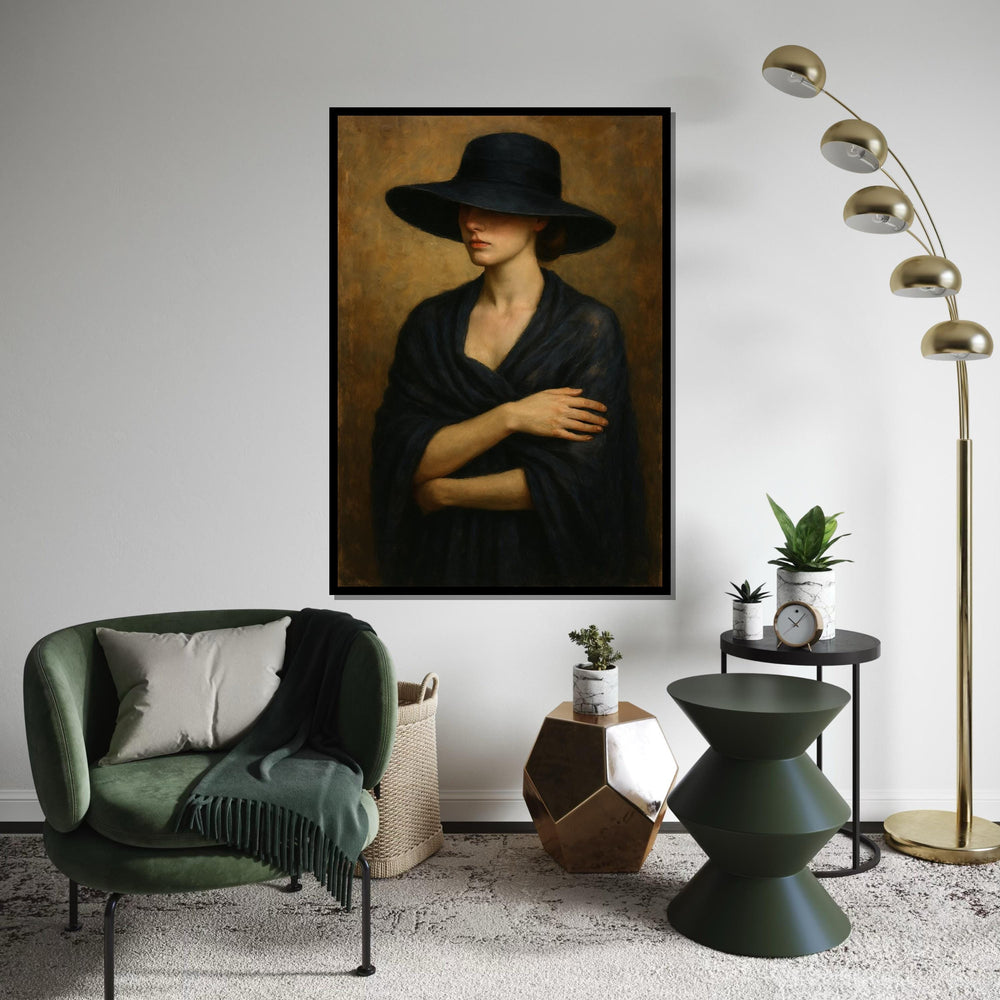 Elegant Woman in Black Hat, Mysterious Lady Canvas Art, Portrait Canvas Wall Art, Timeless Fashion Print, Wall Art Canvas Design