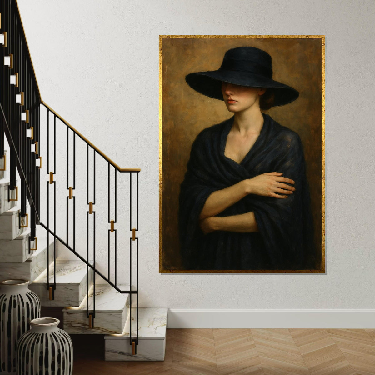 Elegant Woman in Black Hat, Mysterious Lady Canvas Art, Portrait Canvas Wall Art, Timeless Fashion Print, Wall Art Canvas Design