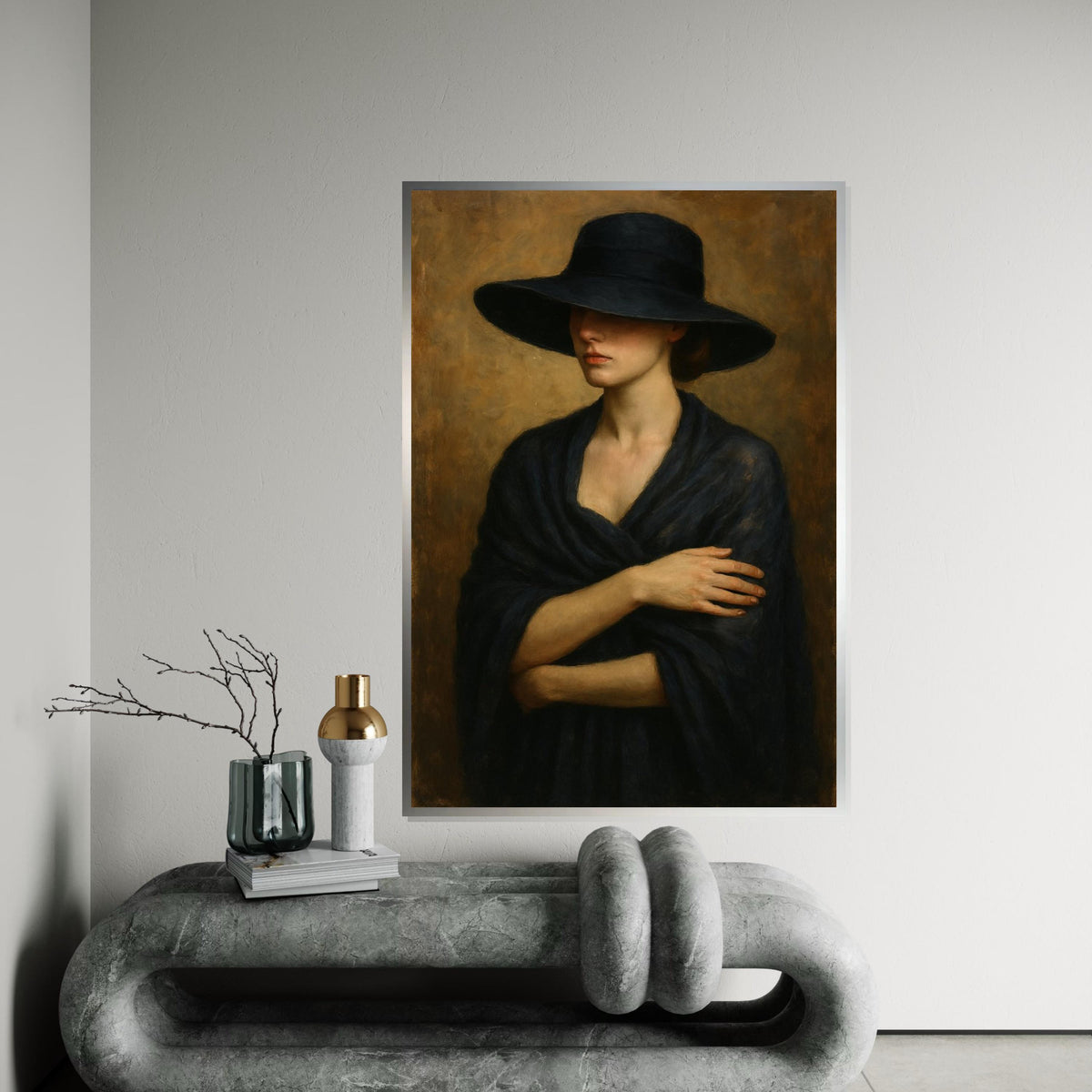 Elegant Woman in Black Hat, Mysterious Lady Canvas Art, Portrait Canvas Wall Art, Timeless Fashion Print, Wall Art Canvas Design