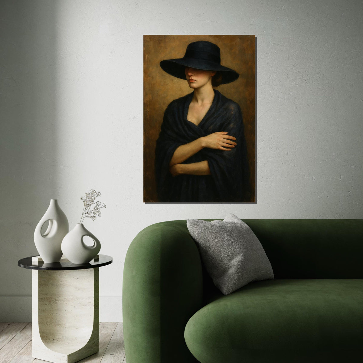 Elegant Woman in Black Hat, Mysterious Lady Canvas Art, Portrait Canvas Wall Art, Timeless Fashion Print, Wall Art Canvas Design