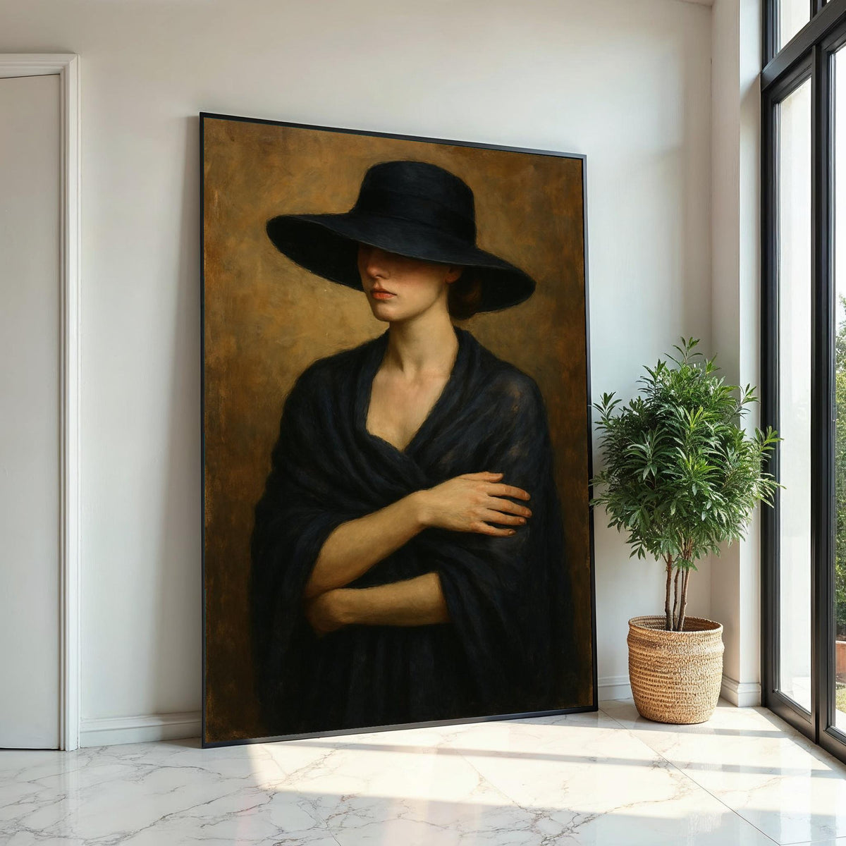 Elegant Woman in Black Hat, Mysterious Lady Canvas Art, Portrait Canvas Wall Art, Timeless Fashion Print, Wall Art Canvas Design