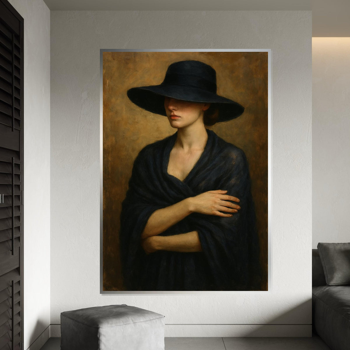 Elegant Woman in Black Hat, Mysterious Lady Canvas Art, Portrait Canvas Wall Art, Timeless Fashion Print, Wall Art Canvas Design