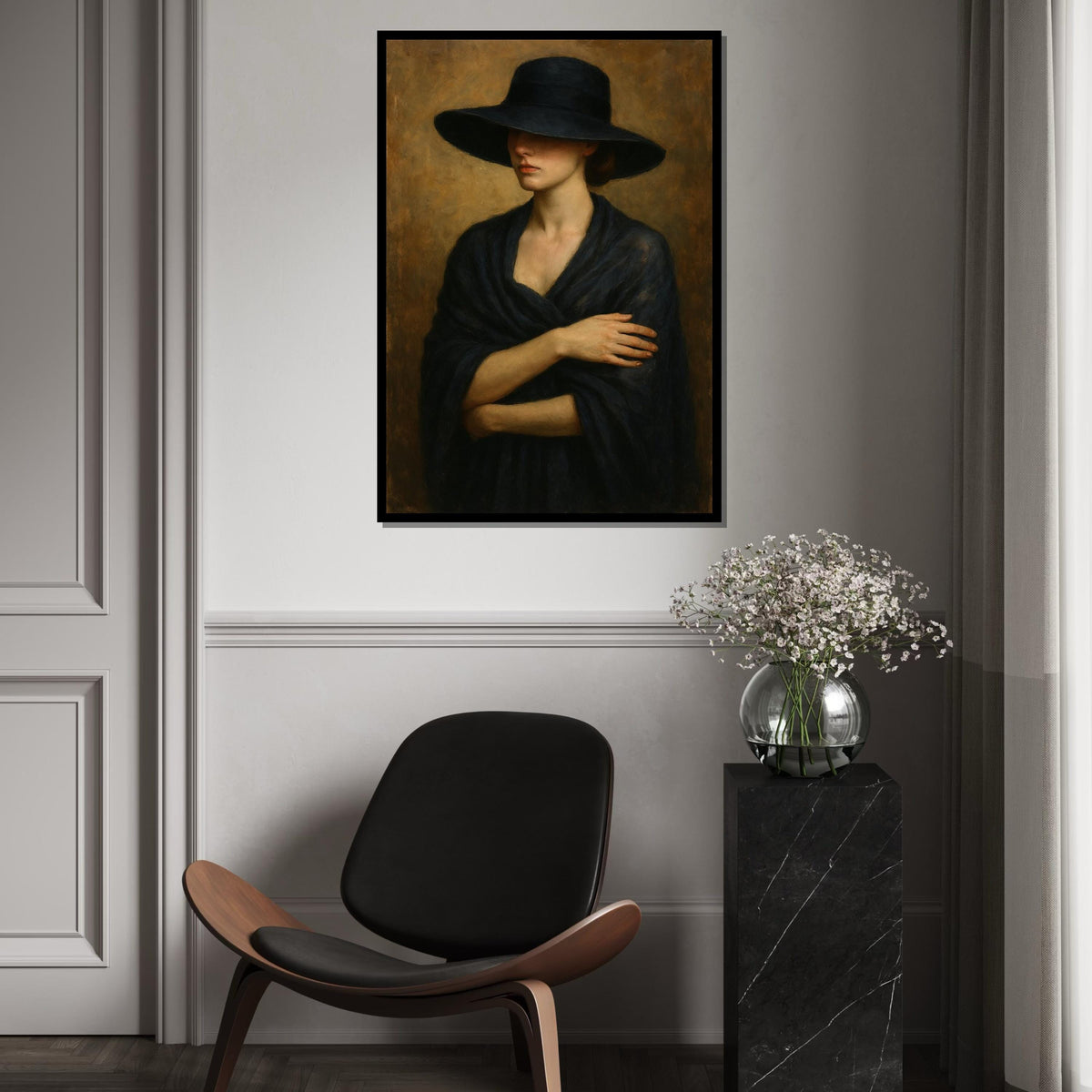 Elegant Woman in Black Hat, Mysterious Lady Canvas Art, Portrait Canvas Wall Art, Timeless Fashion Print, Wall Art Canvas Design