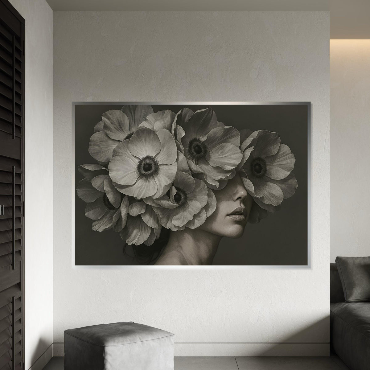 Floral Face Canvas Art, Woman with Flowers Wall Art, Artistic Flower Portrait, Wall Art Canvas Design, Ready to Hang Home Decor