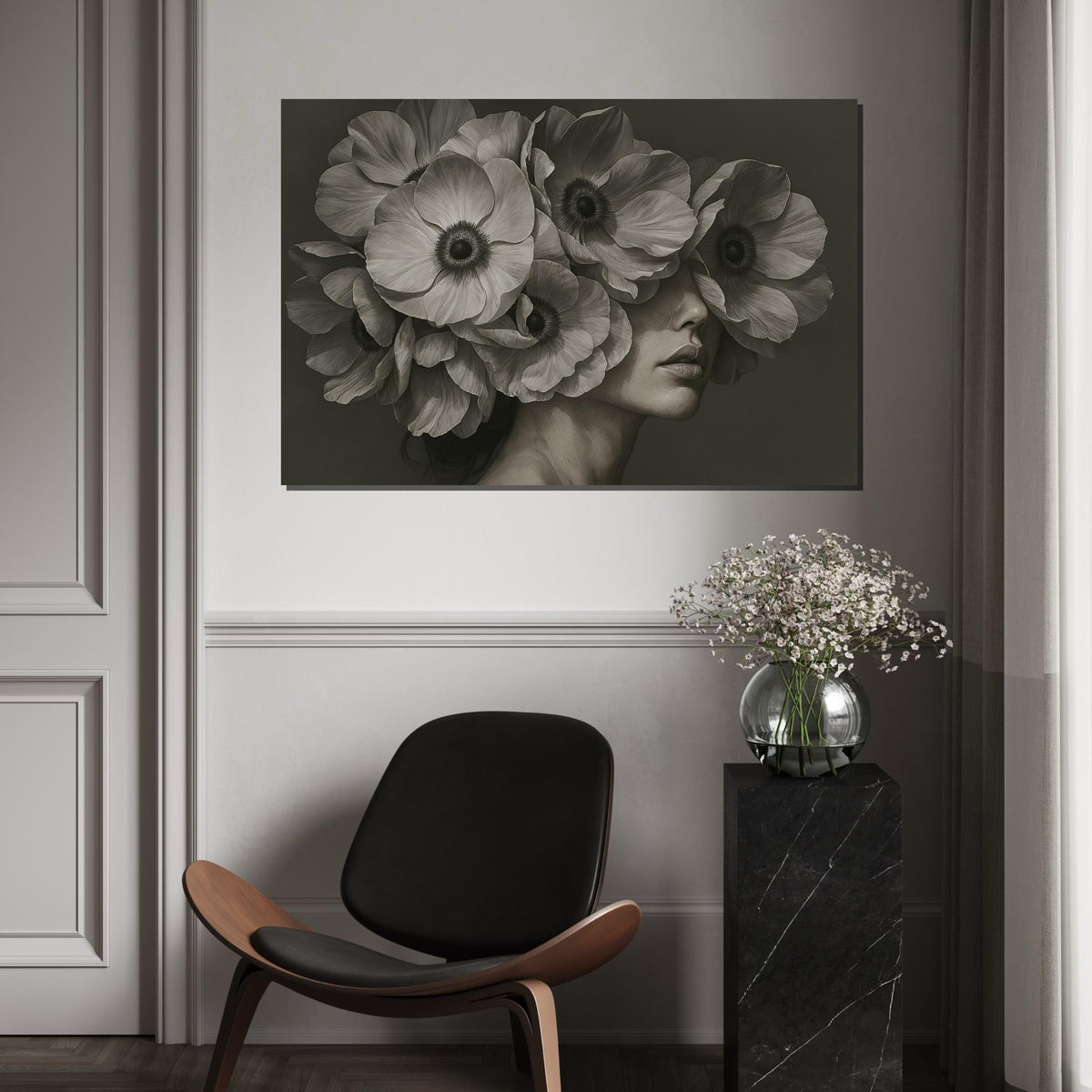 Floral Face Canvas Art, Woman with Flowers Wall Art, Artistic Flower Portrait, Wall Art Canvas Design, Ready to Hang Home Decor