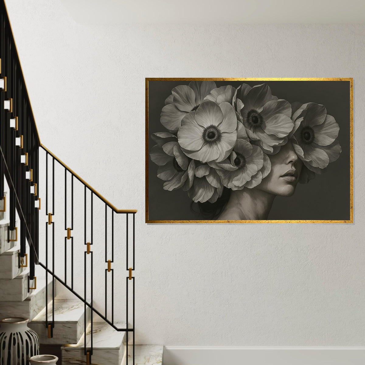Floral Face Canvas Art, Woman with Flowers Wall Art, Artistic Flower Portrait, Wall Art Canvas Design, Ready to Hang Home Decor