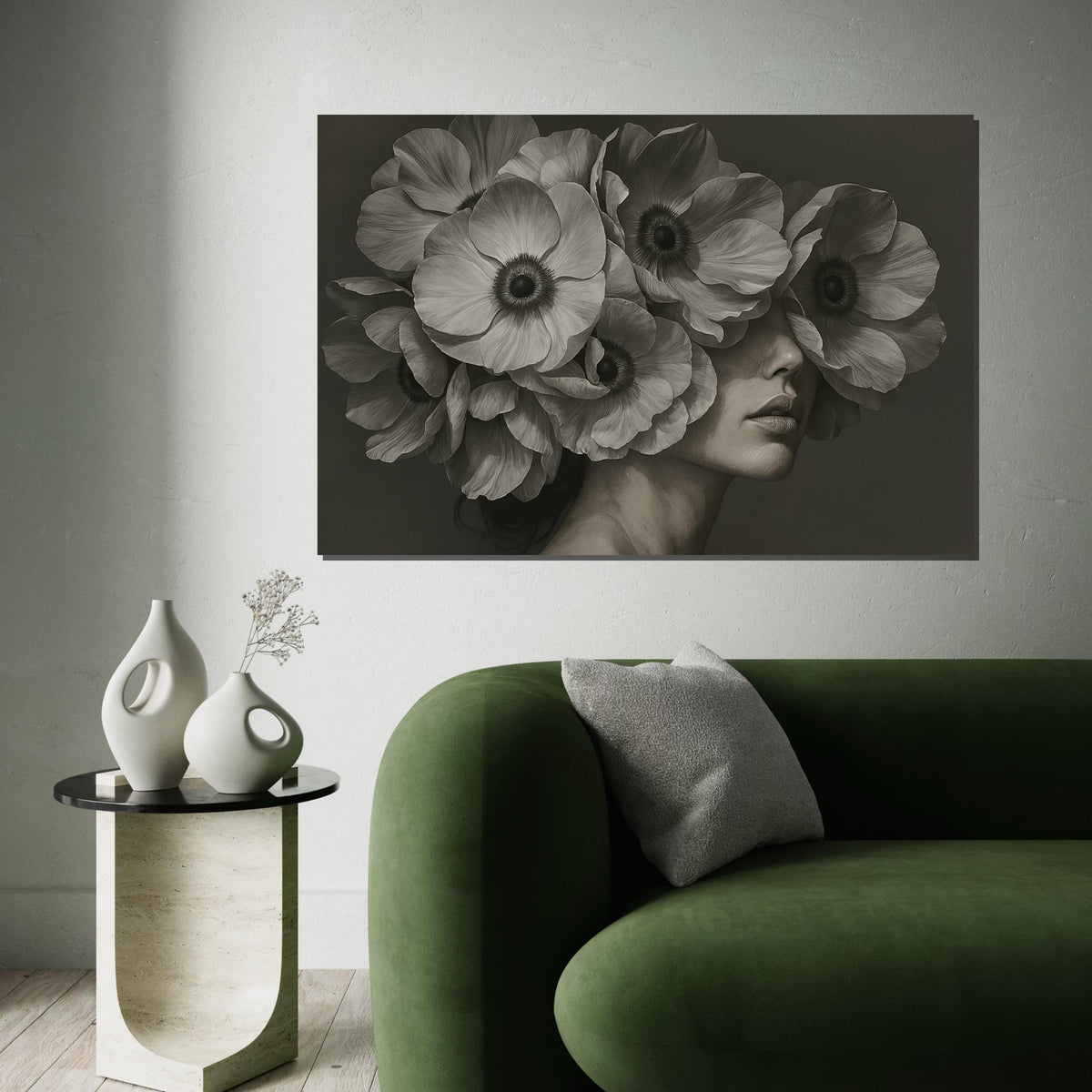 Floral Face Canvas Art, Woman with Flowers Wall Art, Artistic Flower Portrait, Wall Art Canvas Design, Ready to Hang Home Decor