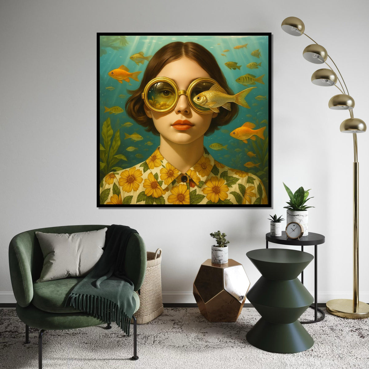 Golden Fish Glasses Canvas, Surreal Art Poster, Underwater Wall Art, Vintage Style Design, Ready To Hang Home Decor