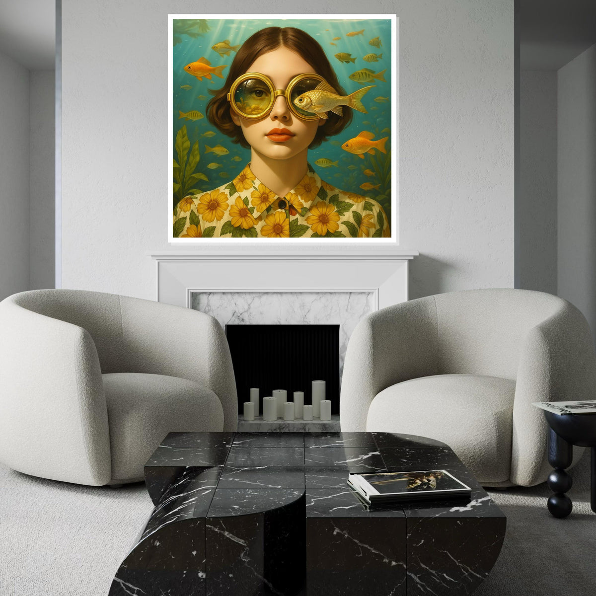 Golden Fish Glasses Canvas, Surreal Art Poster, Underwater Wall Art, Vintage Style Design, Ready To Hang Home Decor