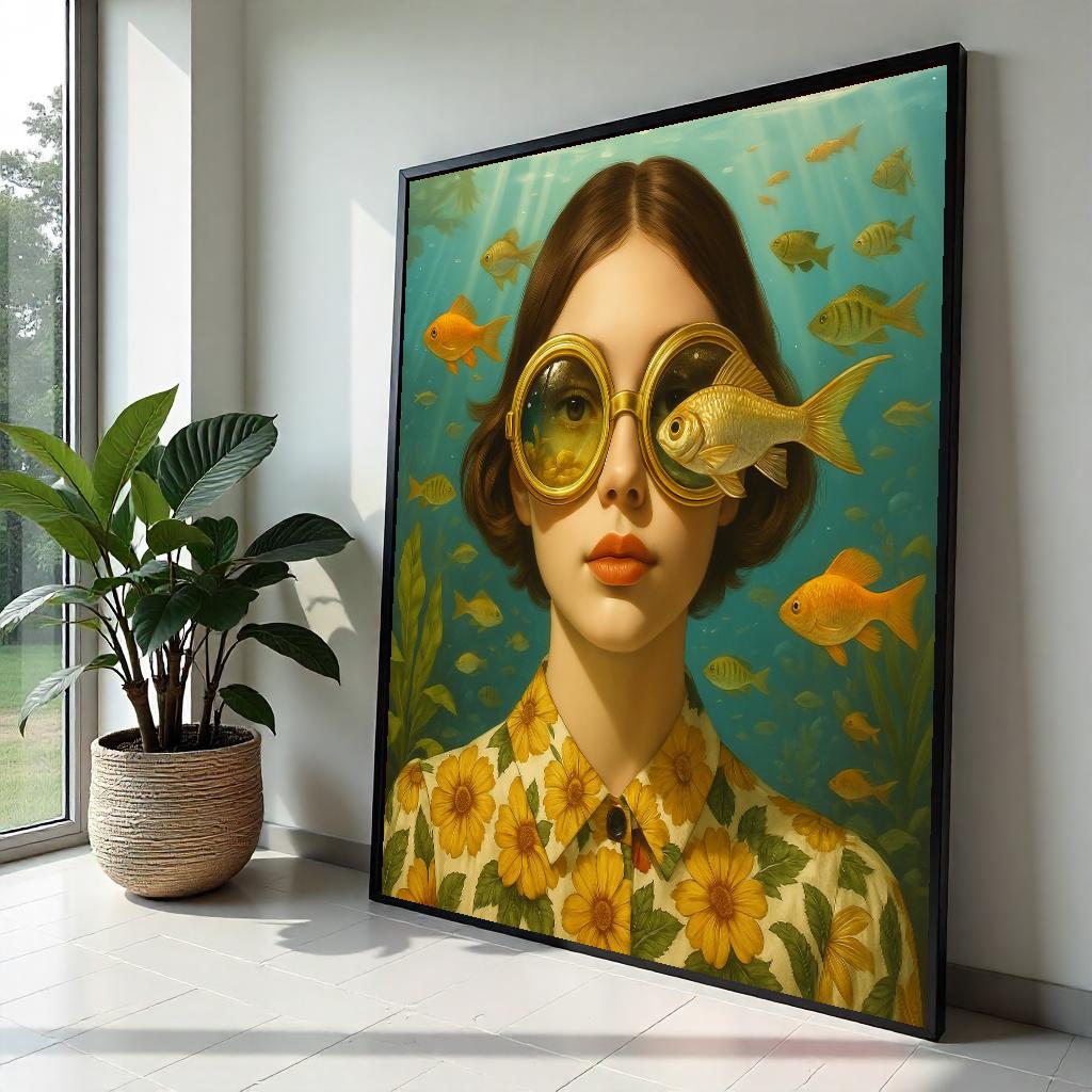 Golden Fish Glasses Canvas, Surreal Art Poster, Underwater Wall Art, Vintage Style Design, Ready To Hang Home Decor