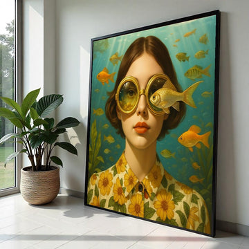 Golden Fish Glasses Canvas, Surreal Art Poster, Underwater Wall Art, Vintage Style Design, Ready To Hang Home Decor