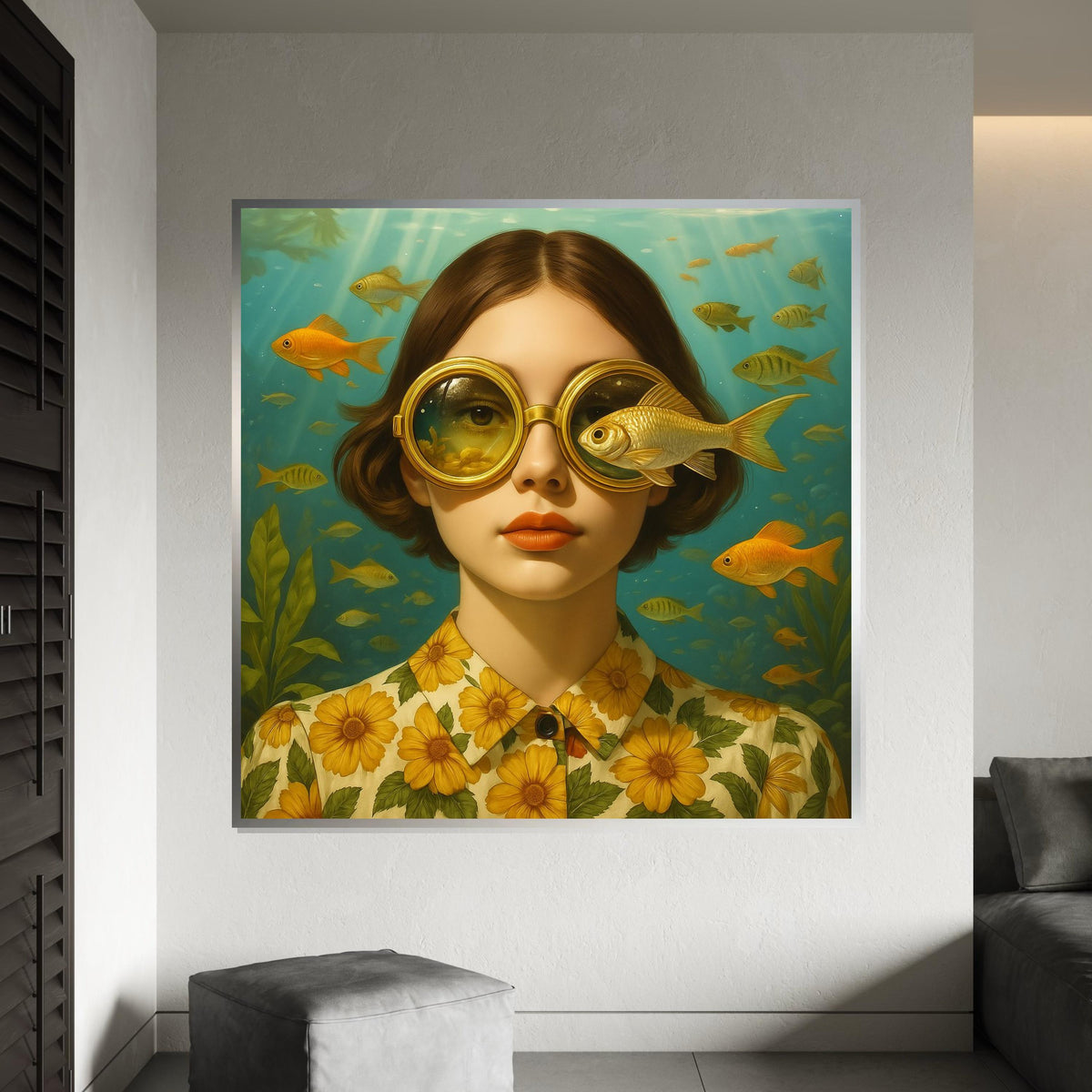 Golden Fish Glasses Canvas, Surreal Art Poster, Underwater Wall Art, Vintage Style Design, Ready To Hang Home Decor