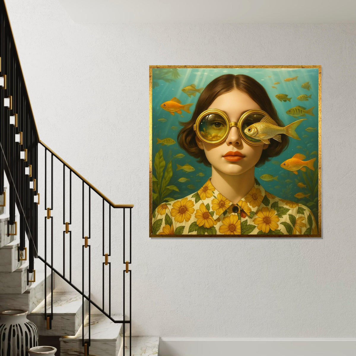 Golden Fish Glasses Canvas, Surreal Art Poster, Underwater Wall Art, Vintage Style Design, Ready To Hang Home Decor
