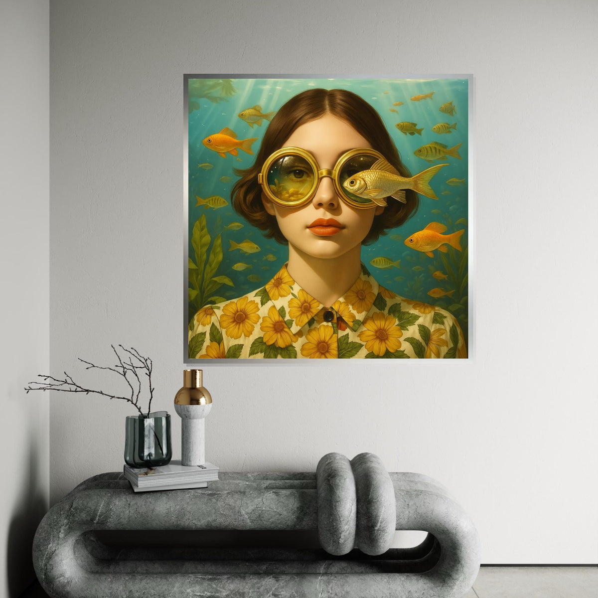 Golden Fish Glasses Canvas, Surreal Art Poster, Underwater Wall Art, Vintage Style Design, Ready To Hang Home Decor