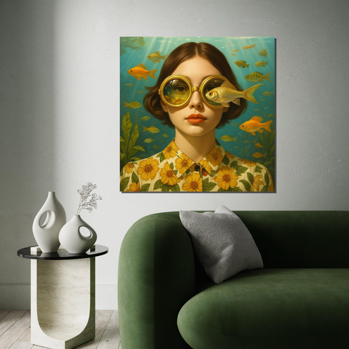 Golden Fish Glasses Canvas, Surreal Art Poster, Underwater Wall Art, Vintage Style Design, Ready To Hang Home Decor
