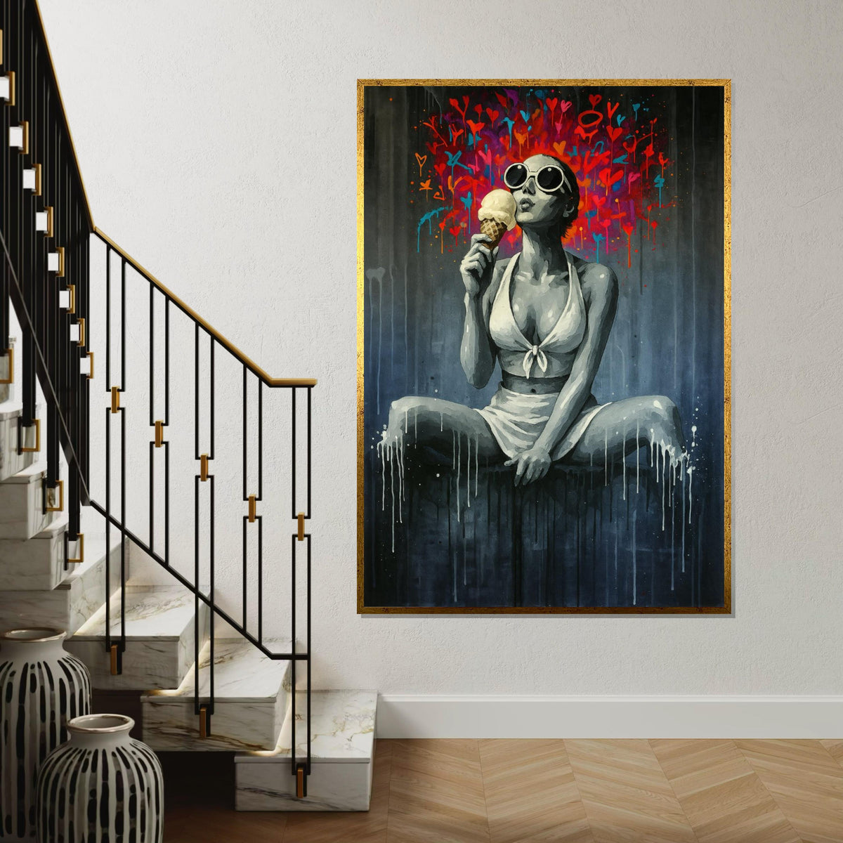 Retro Ice Cream Girl, Pop Art Canvas, Modern Wall Art, Graffiti Style Decor, Wall Art Canvas Design, Ready To Hang Decoration