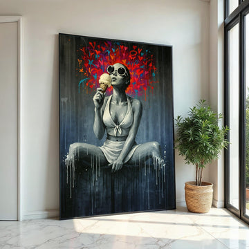 Retro Ice Cream Girl, Pop Art Canvas, Modern Wall Art, Graffiti Style Decor, Wall Art Canvas Design, Ready To Hang Decoration