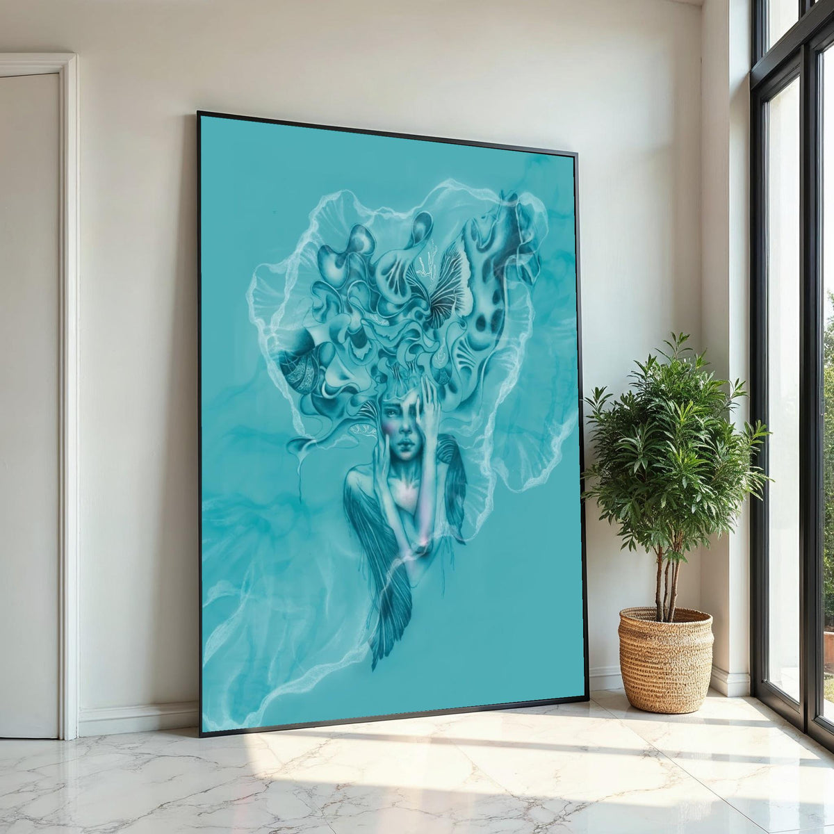 Surreal Jellyfish Woman, Ocean Dream Canvas, Abstract Art, Wall Art Canvas Design, Underwater Fantasy Poster, Ready To Hang Decoration