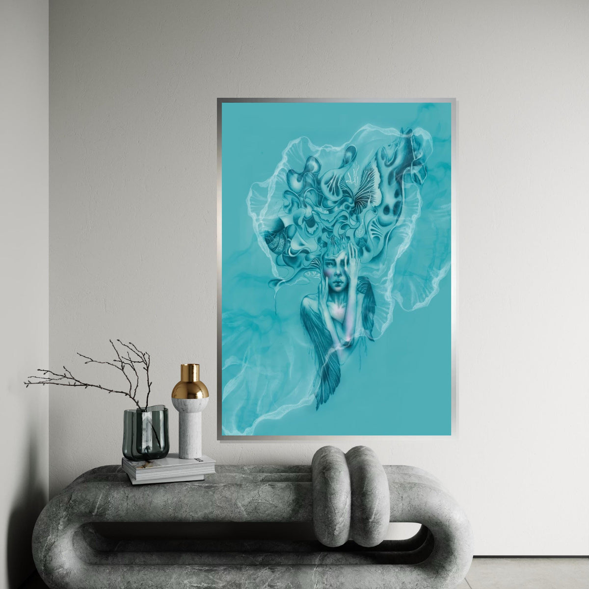 Surreal Jellyfish Woman, Ocean Dream Canvas, Abstract Art, Wall Art Canvas Design, Underwater Fantasy Poster, Ready To Hang Decoration