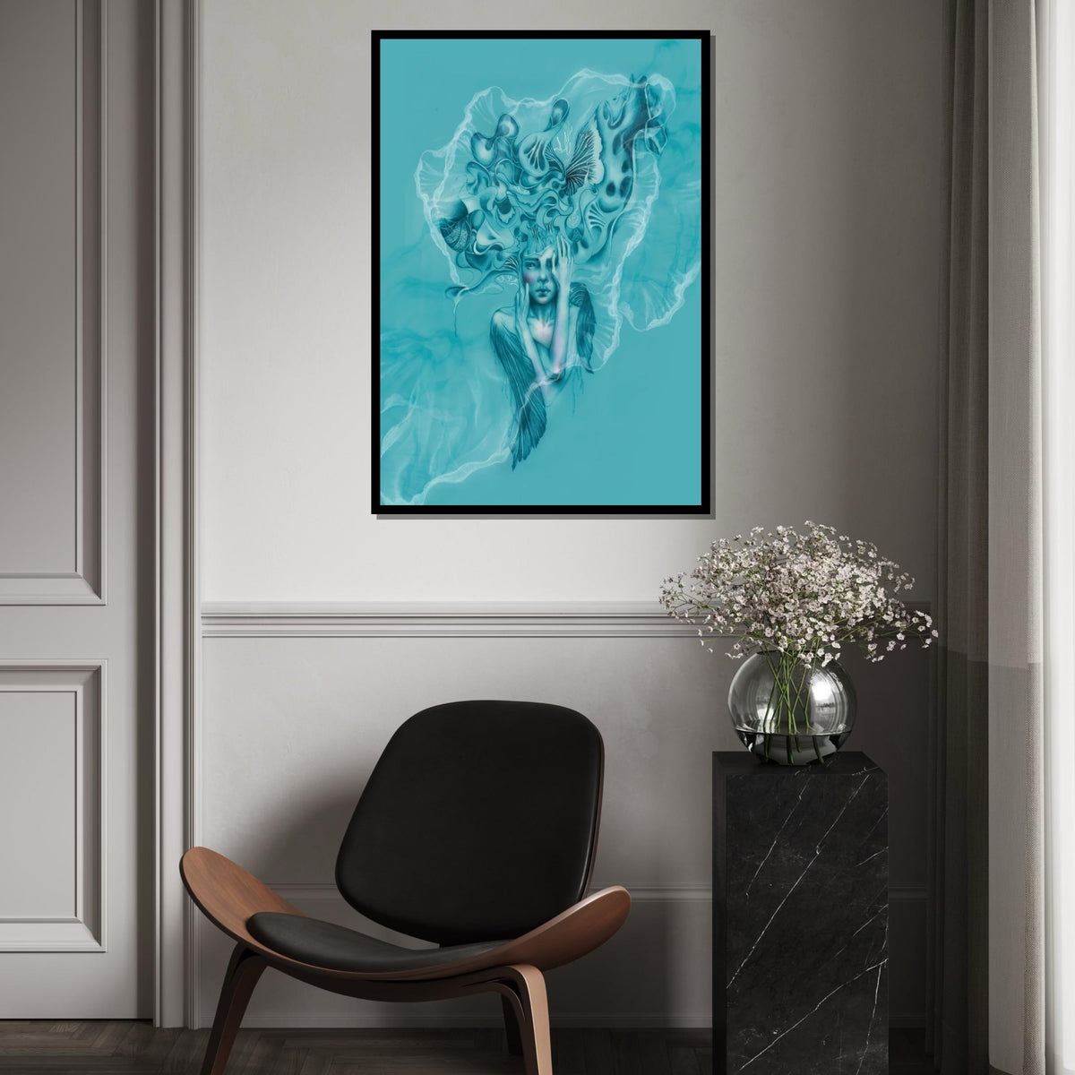 Surreal Jellyfish Woman, Ocean Dream Canvas, Abstract Art, Wall Art Canvas Design, Underwater Fantasy Poster, Ready To Hang Decoration